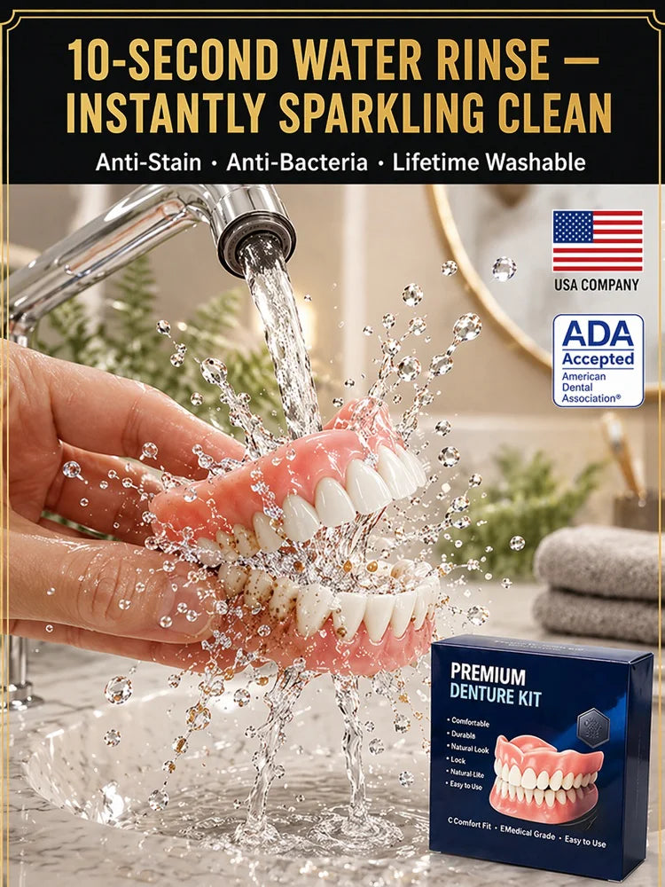 Complete denture set being rinsed under clean water
