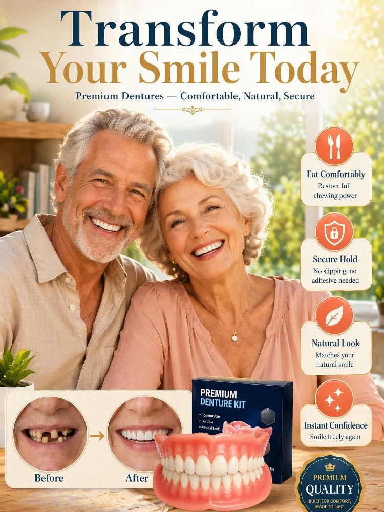 Older couple smiling beside a premium denture kit