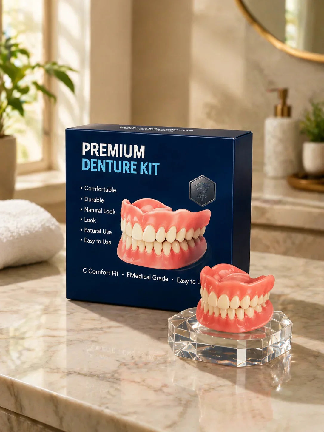 Premium complete denture kit displayed in a bright bathroom setting