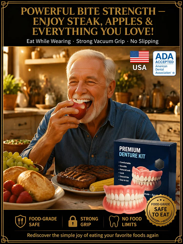 Older man enjoying a meal while wearing dentures